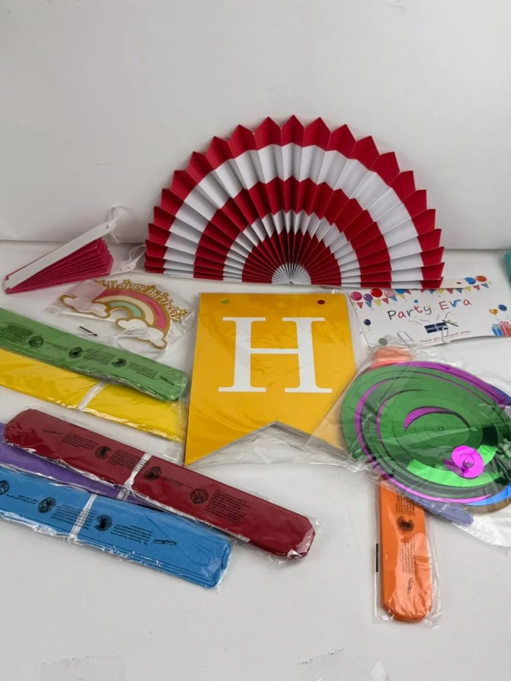 Rainbow Happy Birthday Party Decorations Kit Banner Tissue Pom Poms Fans Swirls